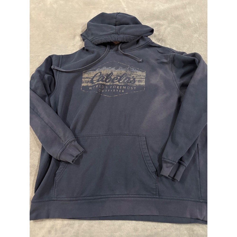 Cabelas Mens XL Graphic Hoodie Navy Blue Distressed Pullover Sun Fade Sweatshirt